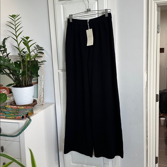 SEZANE Guillaume Merino Wool Knit Trouser Pants Black High Rise Pleated Wide Leg - Picture 2 of 9